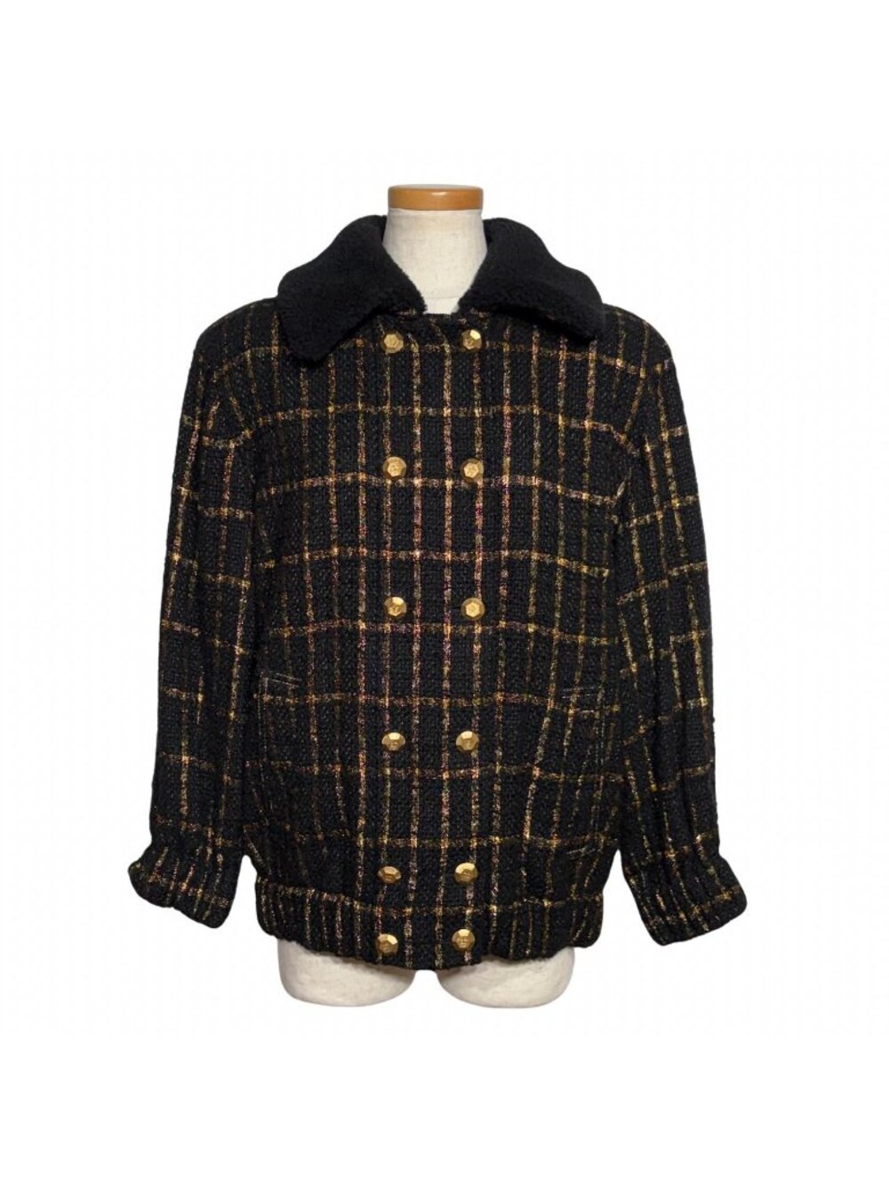 Chanel Coco Buttons Tweed Jacket Black Gold Cotton 40